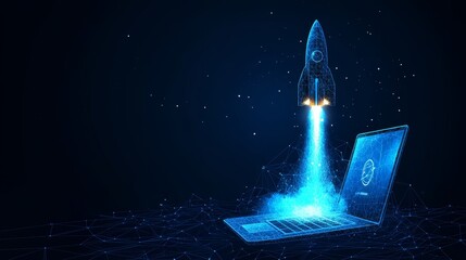 A rocket launch scene captured from a laptop, adhering to a low poly design approach. With a blue geometric background and wireframe light structure, this modern 3D graphic design emphasizes the