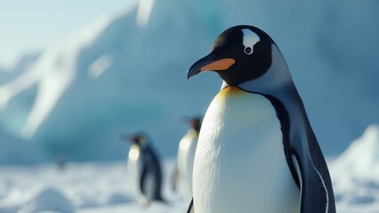 Obraz premium Create a close-up of a penguin on ice, highlighting its black and white feathers, bright eyes, and curved beak. Soft light enhances its charm and resilience in the cold, serene environment.