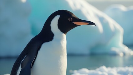 Obraz premium Create a close-up of a penguin on ice, highlighting its black and white feathers, bright eyes, and curved beak. Soft light enhances its charm and resilience in the cold, serene environment.