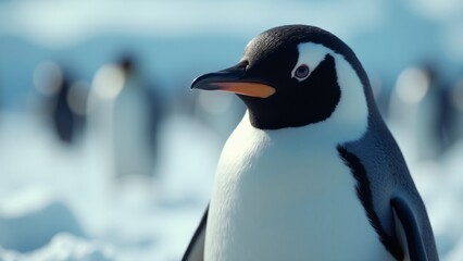 Obraz premium Create a close-up of a penguin on ice, highlighting its black and white feathers, bright eyes, and curved beak. Soft light enhances its charm and resilience in the cold, serene environment.