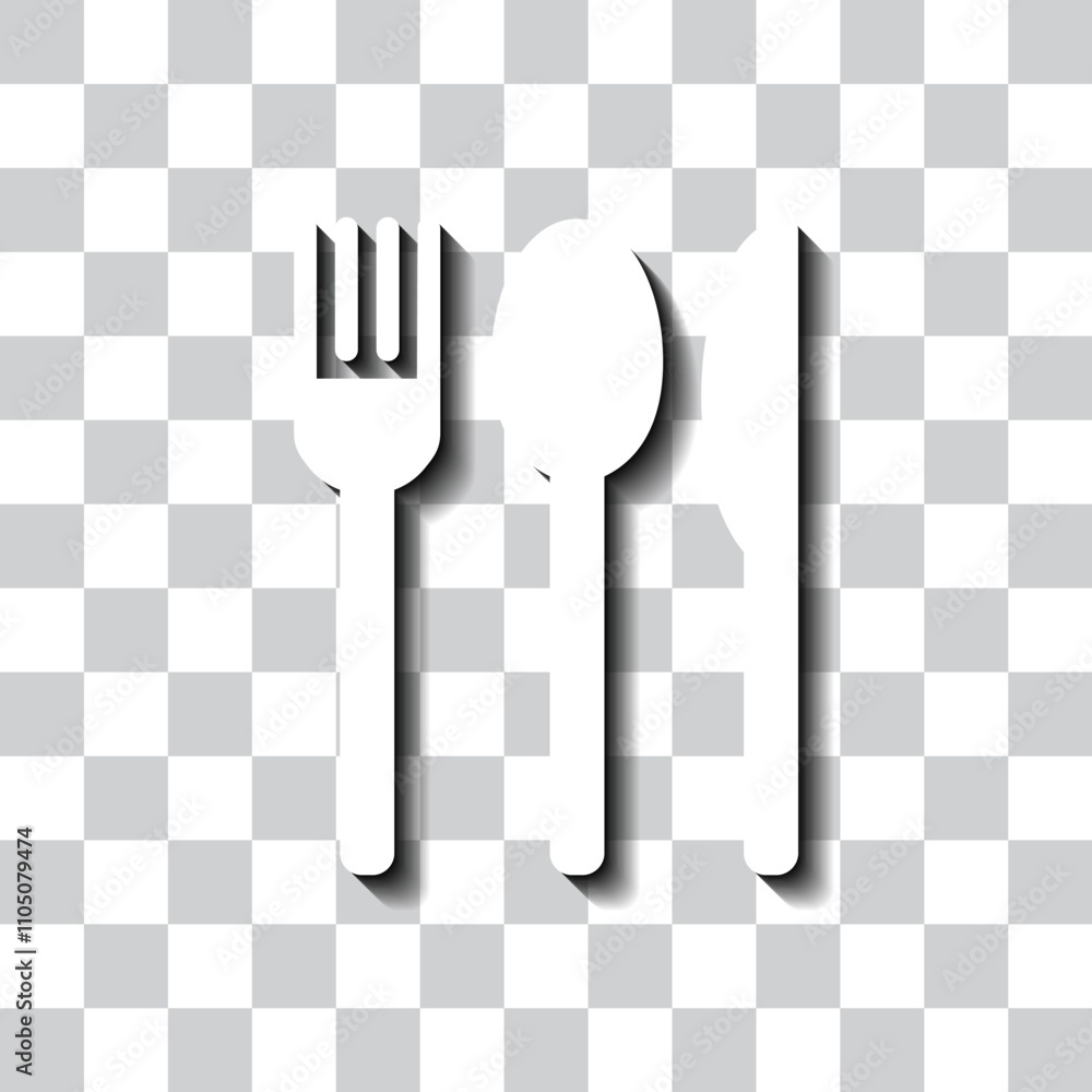 Poster fork spoon knife simple icon. flat design. white with shadow on transparent grid