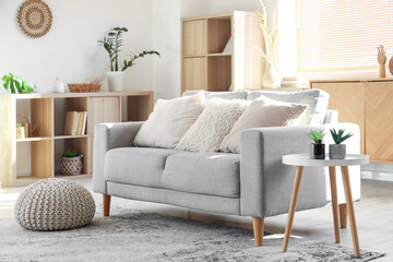 Interior of stylish living room with grey sofa, bookshelves and books