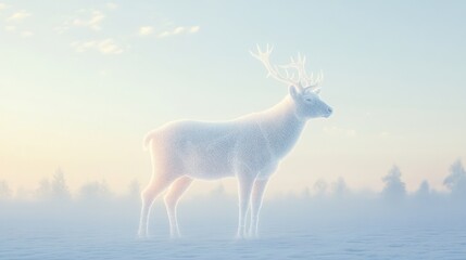 White Reindeer Stands in Misty Winter Landscape