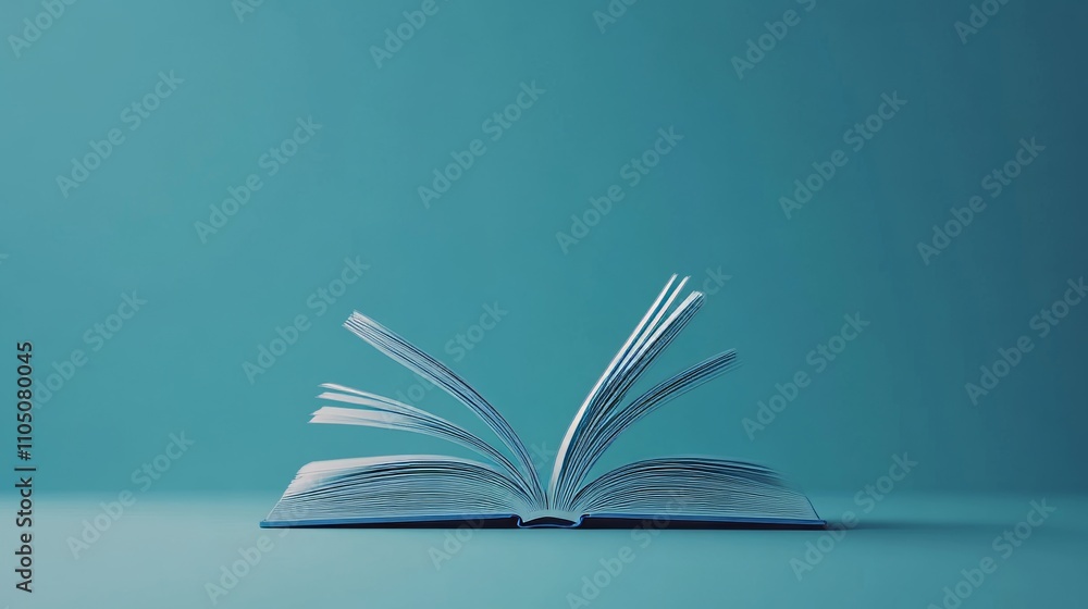 Poster on a blue background, a computer tablet and an open book are positioned side by side, conveying the 