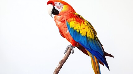 Fototapeta premium A Scarlet Macaw Perched on a Branch Against a White Background