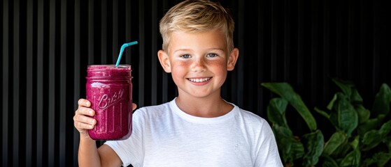 Obraz premium Getting the kids ready for school concept, A cheerful boy smiles while holding a colorful smoothie in a mason jar, surrounded by greenery and a dark backdrop.