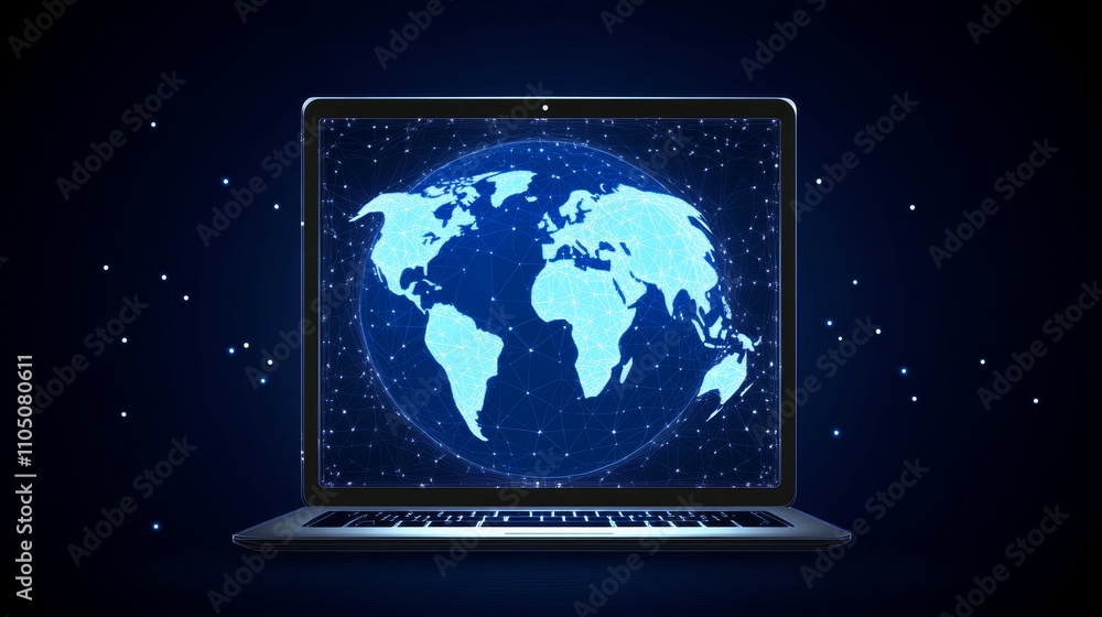Poster planet earth is depicted on a laptop screen, symbolizing the global and networking concepts. it is v