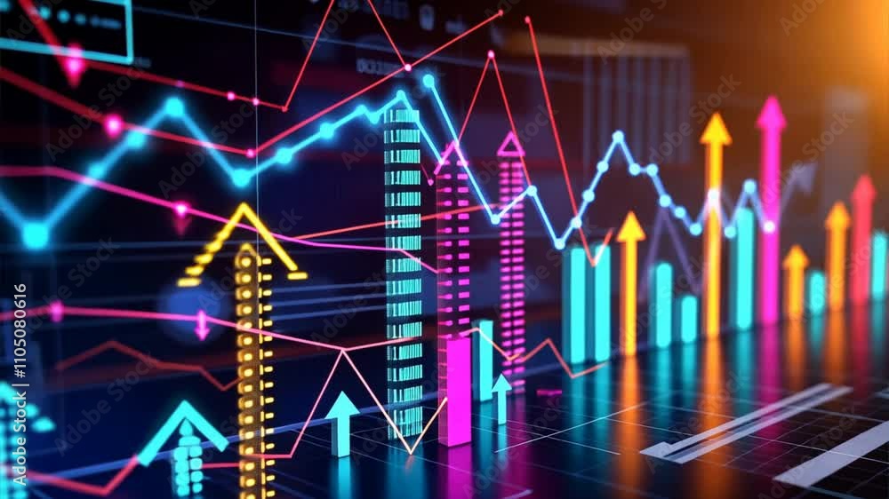 Poster colorful financial data visualization upward trends and market analysis with dynamic graphs and char