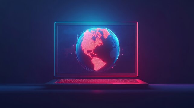The laptop screen showcases a global world networking concept featuring Planet Earth. The image is an abstract digital wireframe with a low poly mesh, polygonal blue neon 3D illustration, complete