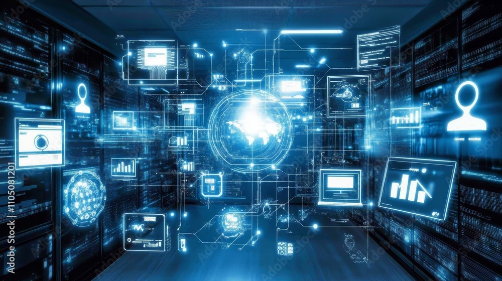 Poster global network data center digital transformation server room technology background