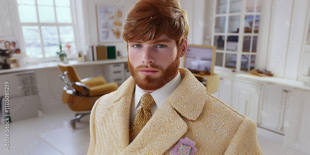 Poster a man with a beard and a tie is standing in front of a desk. the room is white and has a window