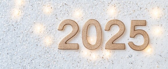 Copper number "2025" on a white background with bokeh lights, glitter, and sparkles, a minimalistic new year concept. New Year's card template. Flat lay, top view. Copy space for text. 