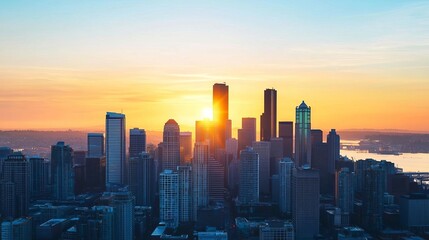 A stunning sunset over a modern city skyline, showcasing skyscrapers and vibrant colors.