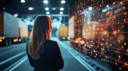 Woman Observing Logistics Network Data Visualization