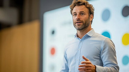 confident male speaker in light blue shirt presents ideas passionately in modern setting. His engaging demeanor captivates audience, enhancing presentation impact