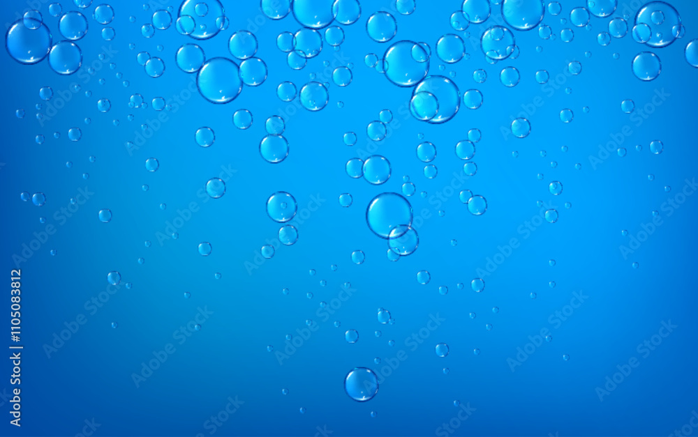 Poster fizzy bubbles rise in blue water. clear spherical formations create sparkling effervescent effect. r