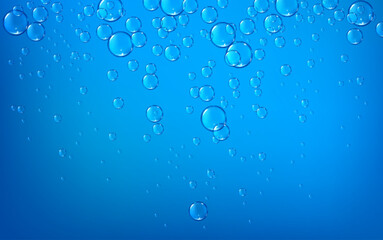Fizzy bubbles rise in blue water. Clear spherical formations create sparkling effervescent effect. Realistic 3d vector border with natural aquatic carbonated oxygen motion on marine background.