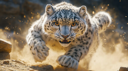 ferocious snow leopard runs fast, showcasing its fluffy fur and powerful muscles in dynamic pose. scene captures wild beauty and agility of this magnificent animal