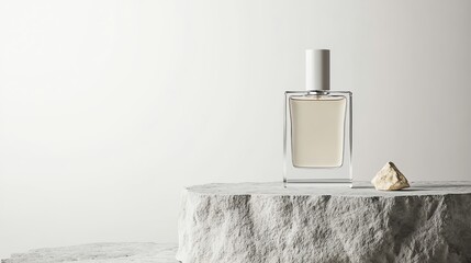 A glass bottle of perfume on a stone pedestal.