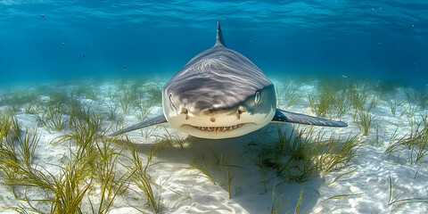 A shark swimming gracefully above the sandy ocean floor amidst seagrass.
