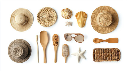 Summer Vacation Essentials  Straw Hats  Shells  Starfish  Wooden Spoons