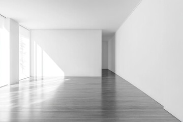 Fototapeta premium Minimalist Blank Wall Scene. Bright Room Showcasing a White Wall and Warm Wooden Floor in Soft Lighting