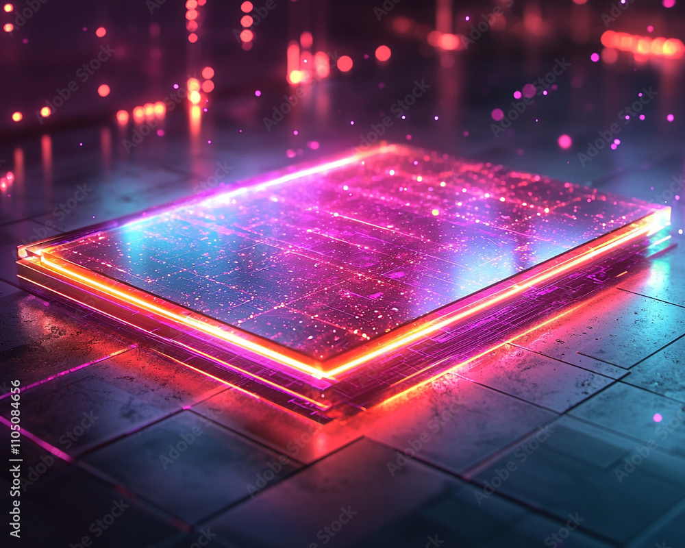 Poster ai generated neon glowing platform virtual space 3d visualization futuristic environment abstract pe
