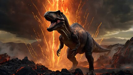 A roaring dinosaur amidst a volcanic eruption, showcasing prehistoric power and drama.