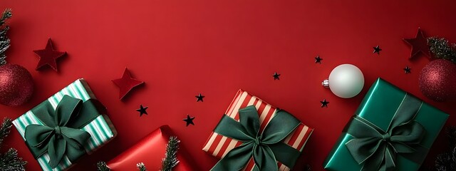 Festive red and green presents adorned with ribbons, surrounded by Christmas ornaments on a vibrant red backdrop, conveying a joyful holiday spirit,


