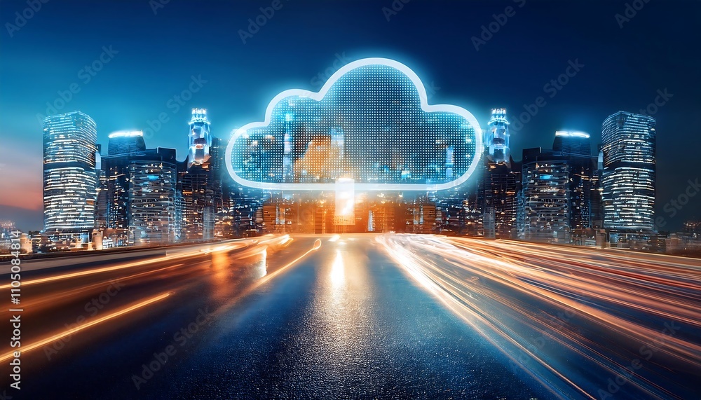 Poster security and cloud computing with blurred city lights background