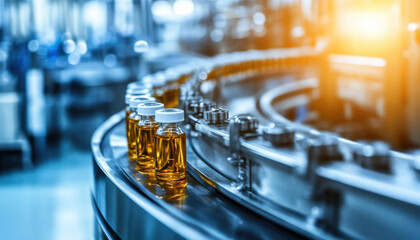 High quality photograph of laboratory liquids on production line, showcasing manufacturing process in modern facility. vibrant colors and clear details highlight precision of industry