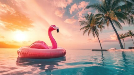 Fototapeta premium Pink Flamingo Float in Tropical Sunset