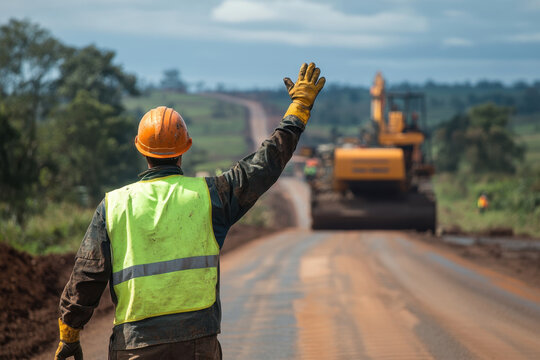 construction worker waves on road construction site, wearing safety vest and helmet. Heavy machinery is visible in background, showcasing active work environment