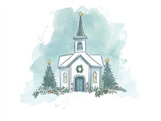 Fototapeta premium Watercolor Christmas Church Winter Scene Holiday Card