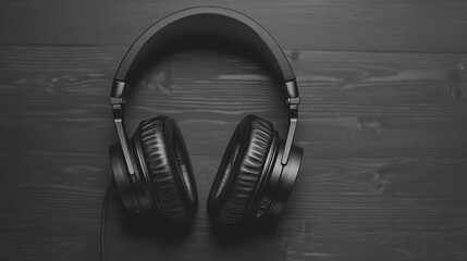 A pair of black headphones on a black wood surface.