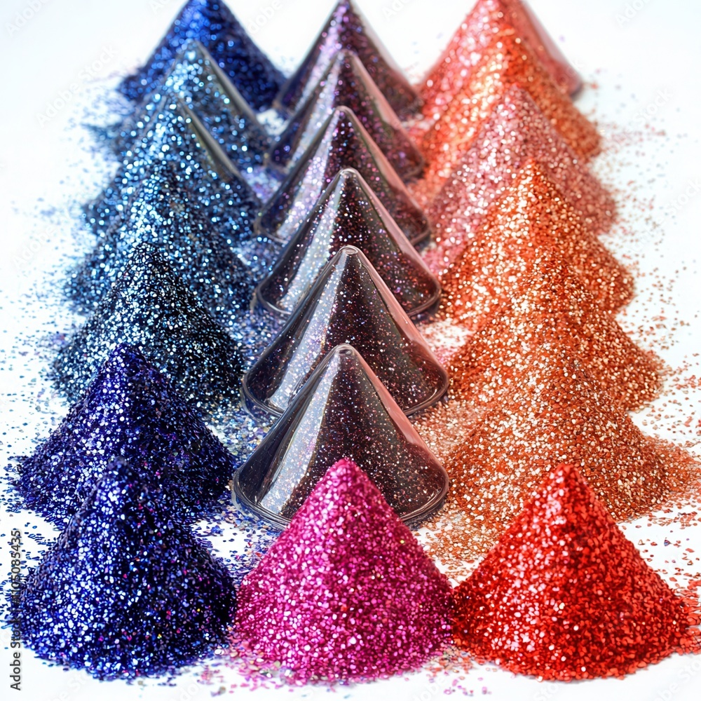 Poster a vibrant array of shimmering glitter powders, arranged in colorful conical piles, showcasing a spec