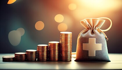 Stacks of coins increase in height, with an upward-trending graph and a money bag with a medical cross.