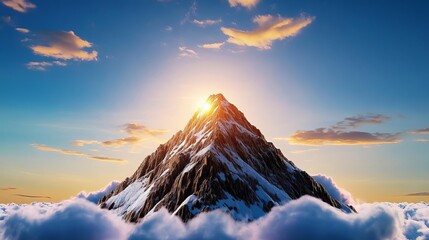 Majestic mountain peak emerging from clouds at sunrise, illuminated by golden light.