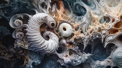 Abstract swirling fractal forms in beige and grey tones