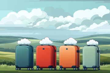 Three whimsical suitcases with cloud patterns in green landscape