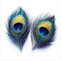 Obraz premium Vibrant peacock feathers with striking blue and gold eye patterns on a white background, showcasing natural beauty and intricate design. isolate on white background