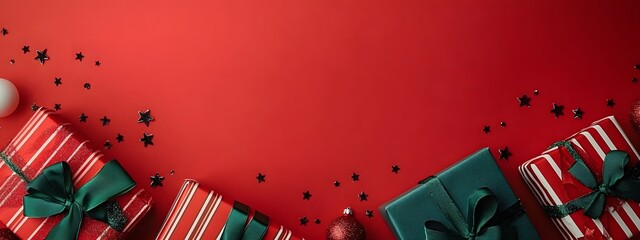 Festive red and green presents adorned with ribbons, surrounded by Christmas ornaments on a vibrant red backdrop, conveying a joyful holiday spirit,


