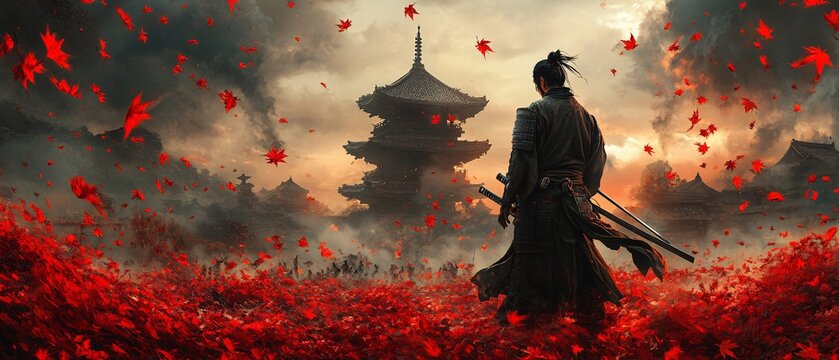 Cinematic ultrawide background showcasing a lone samurai on a battlefield, framed by Japanese temples and dramatic skies.