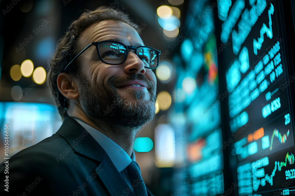 Poster a man in glasses smiles confidently in front of a digital financial display.