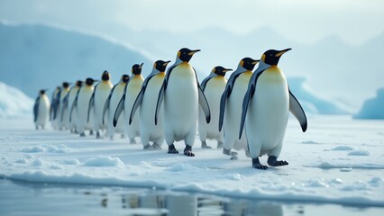 Obraz premium Design an image of penguins waddling together in a tight-knit formation across the ice. The snowy landscape and falling snowflakes evoke a sense of community and survival in the cold.