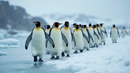 Fototapeta premium Design an image of penguins waddling together in a tight-knit formation across the ice. The snowy landscape and falling snowflakes evoke a sense of community and survival in the cold.