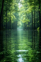 Obraz premium A broad, slow-moving river lined with dense trees, ideal for rafting. The water surface is calm, reflecting the serene surroundings. No rafts or people, evoking the peacefulness of nature.