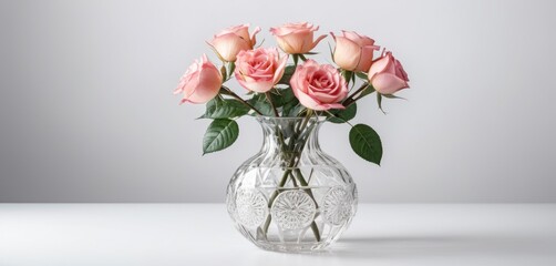 A glass vase with pink rose flowers arranged beautifully on a white background