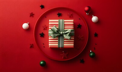 Festive red and green presents adorned with ribbons, surrounded by Christmas ornaments on a vibrant red backdrop, conveying a joyful holiday spirit,


