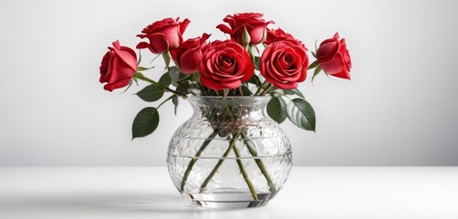 Fototapeta premium A glass vase with red rose flowers arranged beautifully on a white background